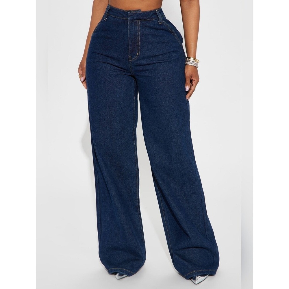 Fashion Nova Wide Leg Jeans Size 5 Dark Wash High Rise Trousers Casual Chic NWT